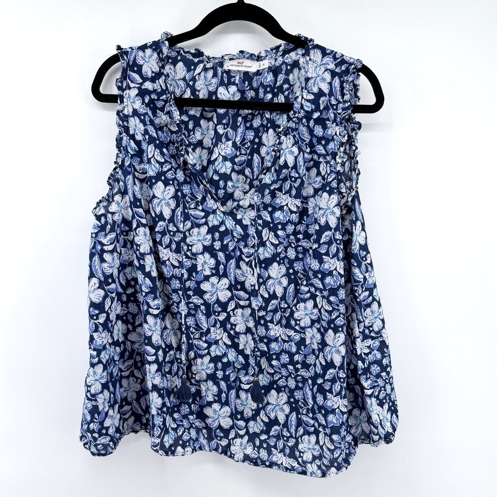 Vineyard Vines Floral Tank Top Ruffle Tassel XL Blue Womens Sleeveless Blouse